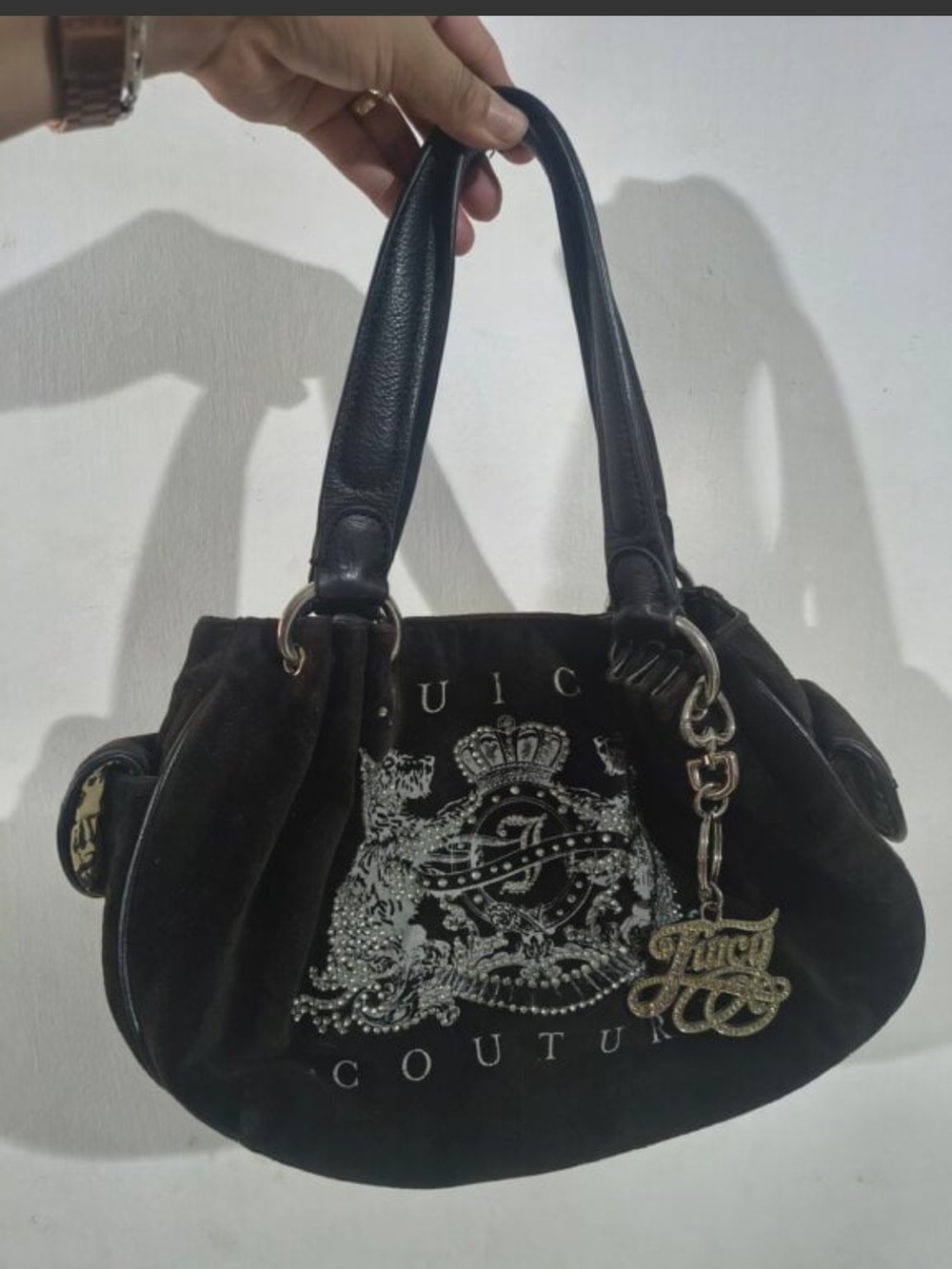 Juicy Couture Vintage Y2K Black Suede Logo Shoulder Bag with Charm
